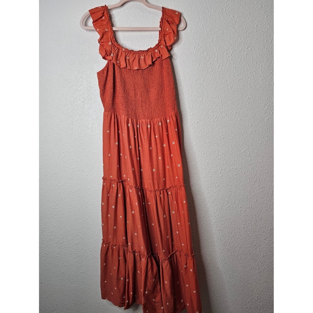 Old Navy Women L Burnt Orange Embroidered Smocked Tiered Maxi Dress Cottage Fall